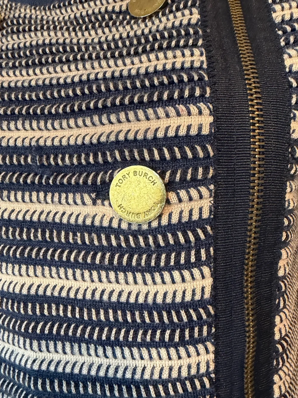 Tory Burch Navy and Cream Merino Wool Striped Knit Double-Breasted Jacket